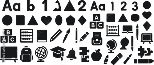 Children’s Educational Solid Black Silhouette Icons Set on White Background