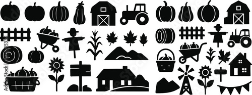 Pumpkin Farm Solid Black Silhouette Icons Set