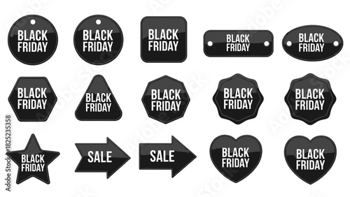 Boost holiday sales with these glossy Black Friday and sale tag icons for impactful marketing campaigns and promotions that attract shoppers now