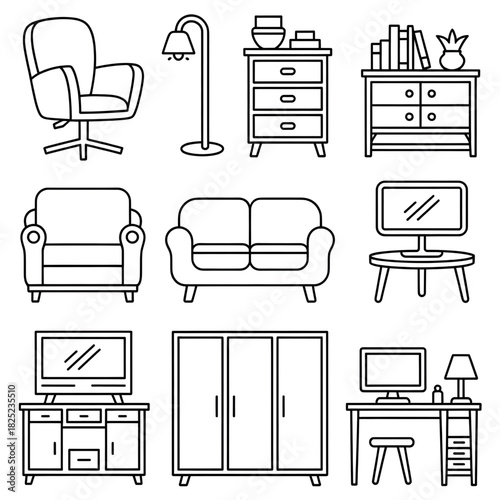 set of furniture icons coloring page