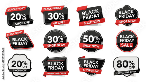 Black Friday sale now on with amazing discounts up to 80% off, shop the limited time offer with these eye-catching promotional badges today