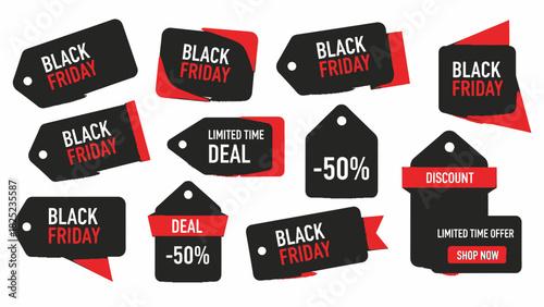 Boost your Black Friday marketing with these eye-catching sale tag graphics for your online store discounts and limited time deals, shop now offers