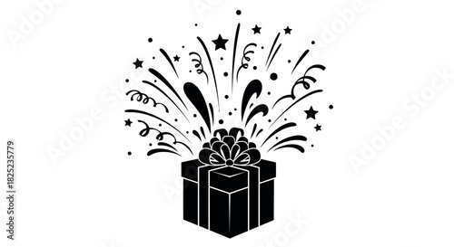 ?solid silhouette of exploding gift box, decorative burst, white background?_1.eps