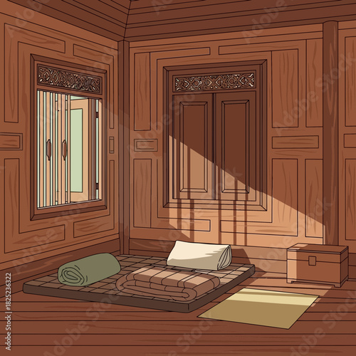 Cozy wooden room interior design with minimalist bedding and sunlight