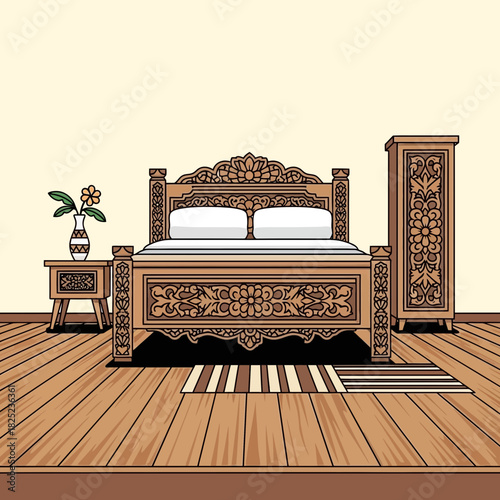Detailed illustration of a traditional wooden bedroom set with carvings