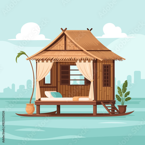 Idyllic tropical water bungalow with palm tree, relaxation destination