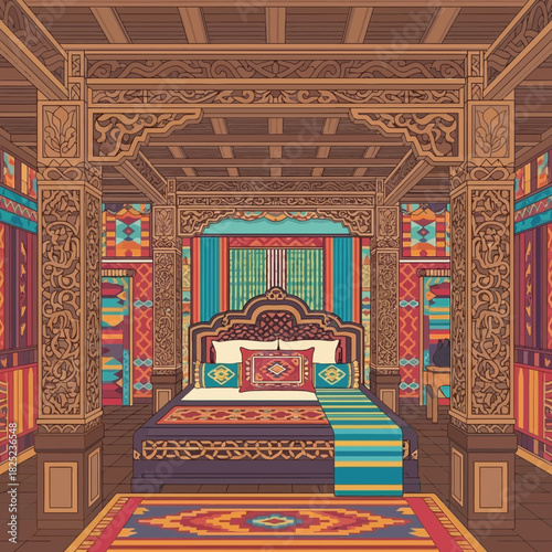Exquisite traditional room interior with detailed woodworking and vibrant textiles