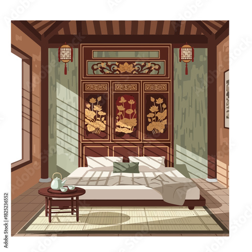 Elegant oriental bedroom with traditional design and natural light streaming