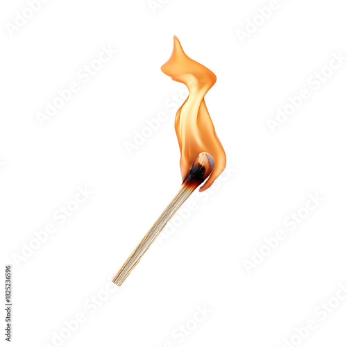 Burning matchstick with bright flame on transparent background