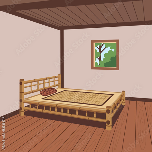 Minimalist asian style bedroom interior with bamboo bed frame and window view