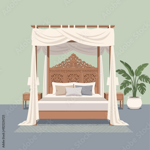 Luxury Four-Poster Bed with Carved Headboard and Plant Decoration Serenity