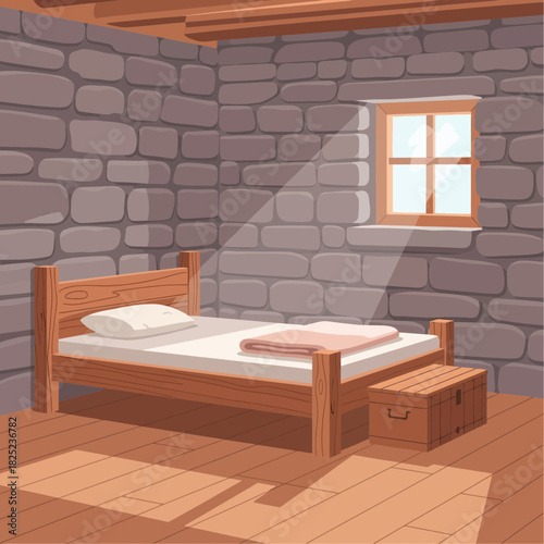 Rustic Bedroom Interior with Stone Walls and Wooden Furnishings, Serene Setting