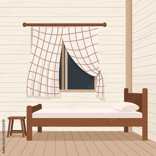 Rustic wooden bedroom interior illustration featuring a cozy bed and stool