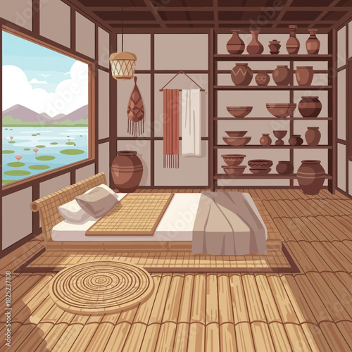 Tranquil bedroom interior with lakeside view and traditional Japanese decor