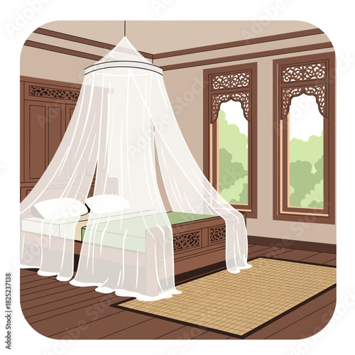 Tranquil Bedroom Scene with a Canopy Bed and Intricate Window Details