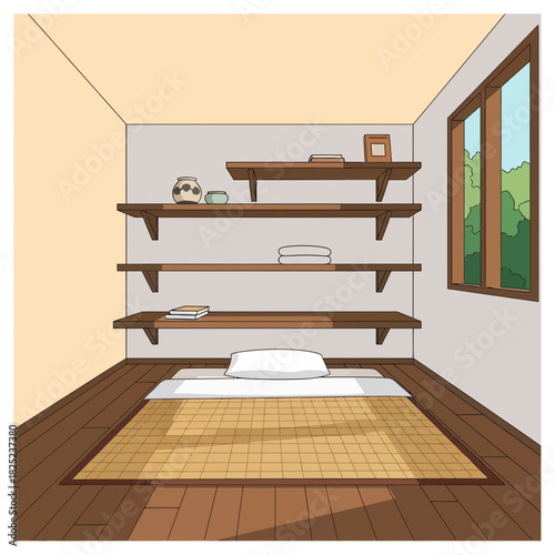 Zen inspired bedroom illustration with wooden shelves and floor mat