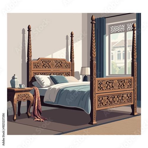 An Elegant Four-Poster Bed Adorned with Ornate Woodwork and Graceful Details