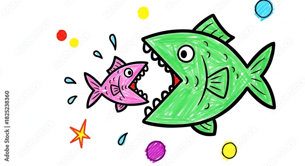 Obraz premium Colorful drawing shows a large green fish about to eat a smaller pink fish playfully.