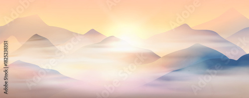 Landscape art background featuring mountains and hills at sunset or sunrise in a foggy watercolor style. A natural banner for decor, prints, packaging, textiles, wallpaper, posters, and interiors.