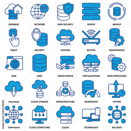 Data Center Set of 25 thin Duotone icon vector illustration.� 