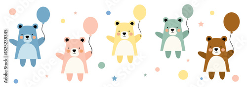 Cute Pastel Teddy Bear Characters with Balloons - Baby Shower, Birthday, Nursery Decor Vector Illustration Set.