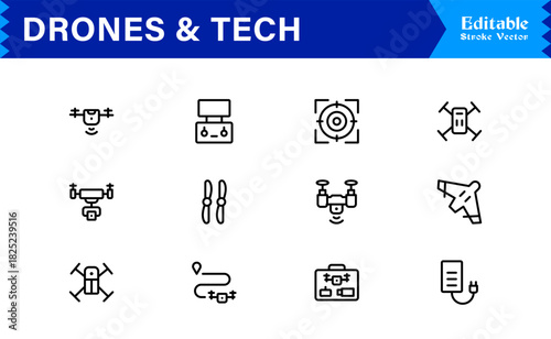 Drones and tech line icon set featuring pixel-perfect editable icons in a modern, minimal style perfect for technology, innovation, and aerial themes.