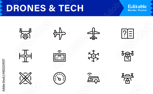 Drones and tech line icon set featuring pixel-perfect editable icons in a modern, minimal style perfect for technology, innovation, and aerial themes.