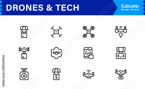 Drones and tech line icon set featuring pixel-perfect editable icons in a modern, minimal style perfect for technology, innovation, and aerial themes.