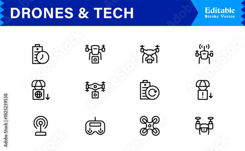 Drones and tech line icon set featuring pixel-perfect editable icons in a modern, minimal style perfect for technology, innovation, and aerial themes.