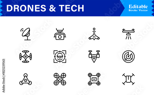 Drones and tech line icon set featuring pixel-perfect editable icons in a modern, minimal style perfect for technology, innovation, and aerial themes.