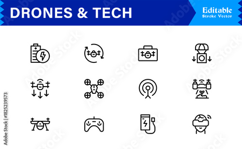 Drones and tech line icon set featuring pixel-perfect editable icons in a modern, minimal style perfect for technology, innovation, and aerial themes.