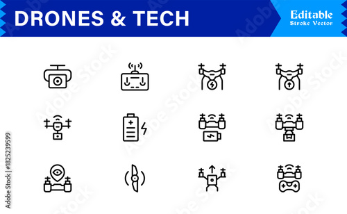 Drones and tech line icon set featuring pixel-perfect editable icons in a modern, minimal style perfect for technology, innovation, and aerial themes.