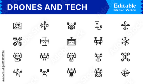 Drones and tech line icon set featuring pixel-perfect editable icons in a modern, minimal style perfect for technology, innovation, and aerial themes.