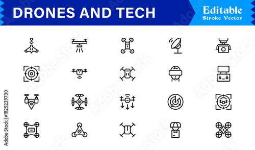 Drones and tech line icon set featuring pixel-perfect editable icons in a modern, minimal style perfect for technology, innovation, and aerial themes.