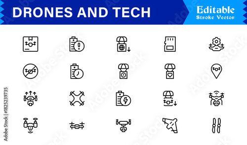 Drones and tech line icon set featuring pixel-perfect editable icons in a modern, minimal style perfect for technology, innovation, and aerial themes.