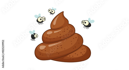 Brown poop emoji with three swirls and four flies buzzing around it on a white background