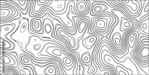 Black and white abstract contour map pattern with swirling organic shapes and concentric circles, creating a unique and intricate visual for scientific or artistic applications