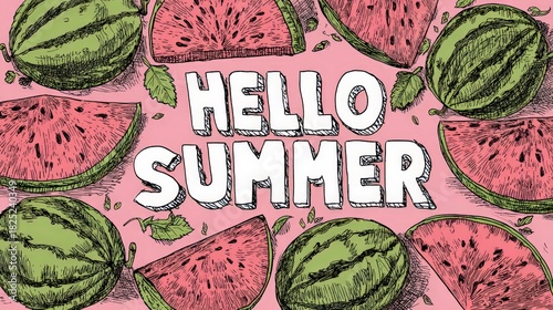 Hello summer text with hand drawn watermelon illustration