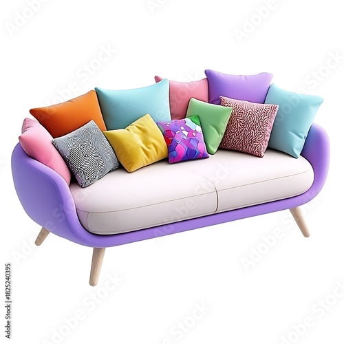 Colorful decorative sofa with cushions modern living room furniture cozy environment front view interior design concept