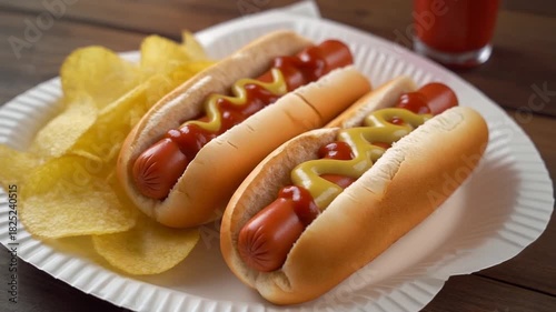 Hotdogs with ketchup and mustard, potato chips on the side, white paper plate, mp4 video. AI