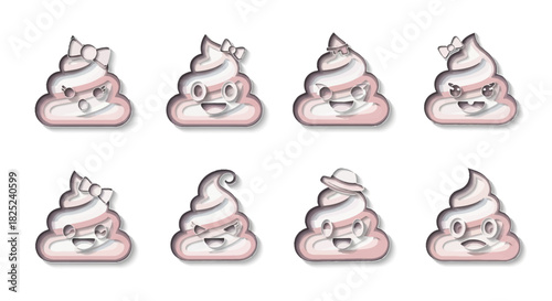 Eight poop emojis arranged in two rows of four each with distinct accessories and expressions