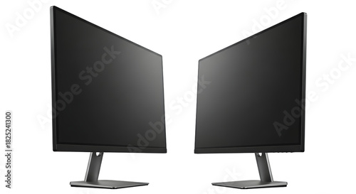 Two modern computer display monitors shown angled towards each other, isolated on transparent background