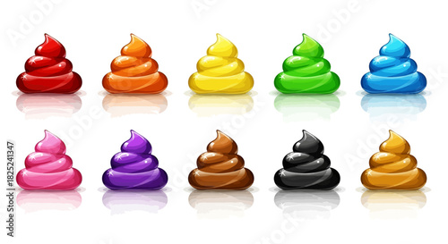 Array of colorful shiny swirlshaped objects resembling a popular emoji on a white surface with reflections