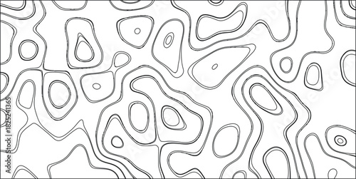 Abstract black and white topographic contour lines forming organic shapes and fluid patterns on a white background, creating a dynamic visual texture and a sense of depth and movement