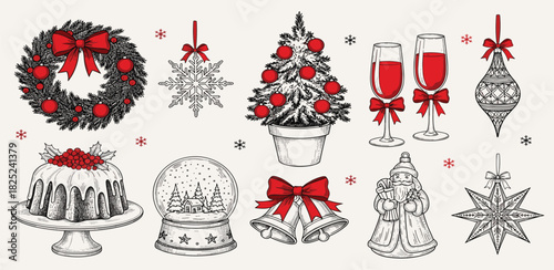 Hand-Drawn Vintage Christmas Holiday Decorations Set with Festive Wreath, Ornaments, Champagne Glasses, and Traditional Treats