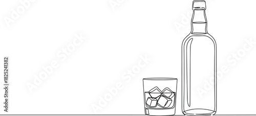 Elegant minimalist line art illustration featuring a classic spirit bottle alongside a tumbler glass filled with ice cubes, perfect for beverage branding or bar menu designs