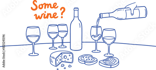 Doodle style illustration of a hand pouring red or white wine with appetizers like cheese, bread, and oysters on a table