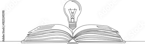 A single continuous line drawing of an open book with a lightbulb, symbolizing the birth of an idea from knowledge, learning, and education