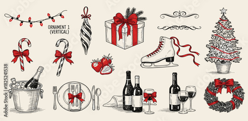 Engraved style illustration set of various Christmas and New Year symbols for a festive winter holiday celebration