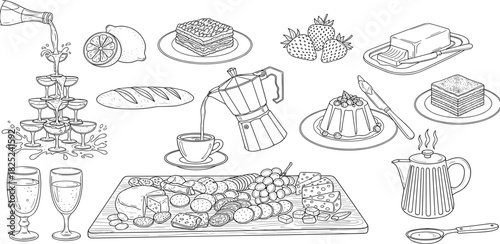 A delightful collection of food and drink items, including a champagne tower, pastries, coffee, cheese board, and fruits, perfect for celebratory occasions